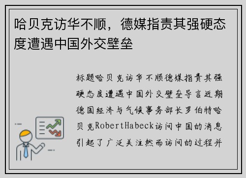 哈贝克访华不顺，德媒指责其强硬态度遭遇中国外交壁垒