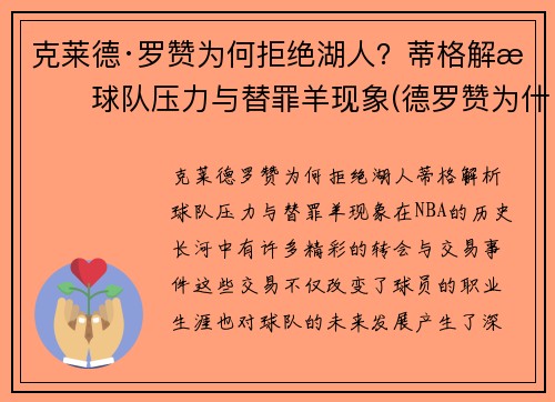 克莱德·罗赞为何拒绝湖人？蒂格解析球队压力与替罪羊现象(德罗赞为什么离开猛龙)