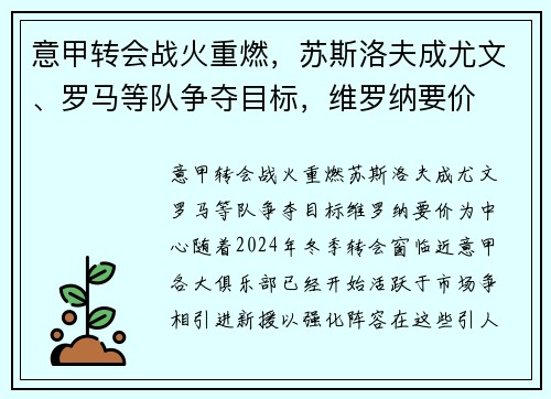 意甲转会战火重燃，苏斯洛夫成尤文、罗马等队争夺目标，维罗纳要价