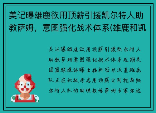 美记曝雄鹿欲用顶薪引援凯尔特人助教萨姆，意图强化战术体系(雄鹿和凯尔特人谁是绿军)
